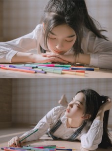 高马尾美眉牛仔背带裤室内美图